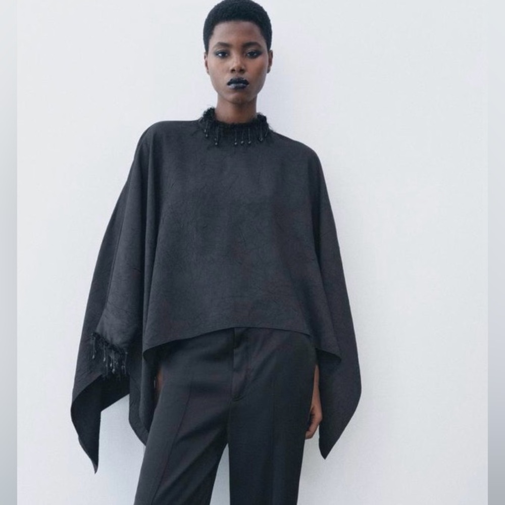 ZARA Elegant Black Cape/top  with Beaded Neckline size medium/large
